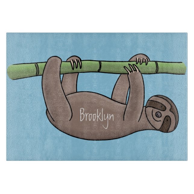 Cute smiling sloth on bamboo cartoon illustration cutting board (Front)