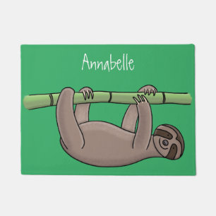Cute smiling sloth on bamboo cartoon illustration doormat