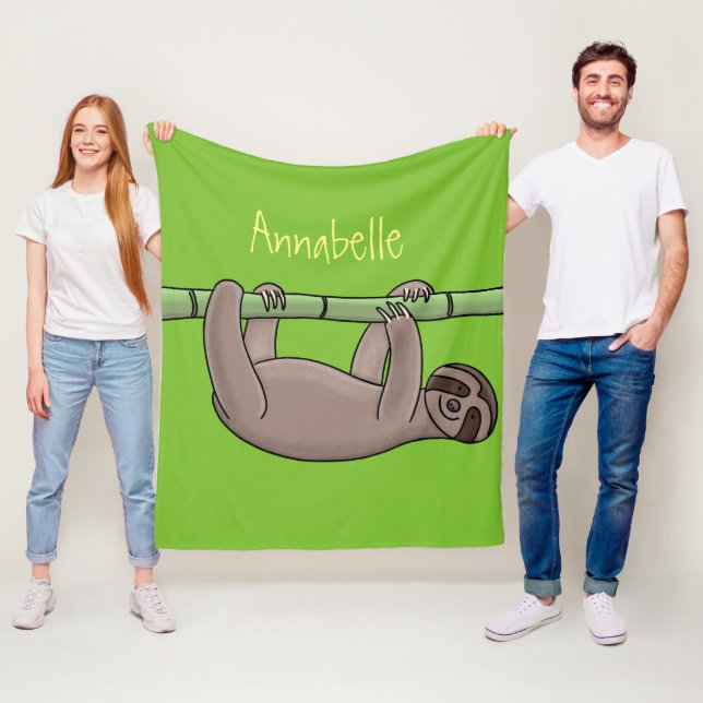 Cute smiling sloth on bamboo cartoon illustration fleece blanket (In Situ)