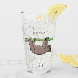 Cute smiling sloth on bamboo cartoon illustration glass