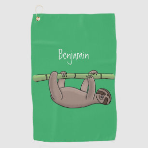 Cute smiling sloth on bamboo cartoon illustration  golf towel