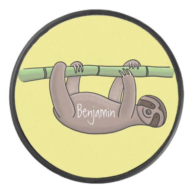 Cute smiling sloth on bamboo cartoon illustration hockey puck (Front)