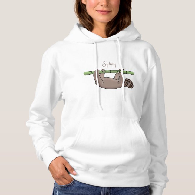 Cute smiling sloth on bamboo cartoon illustration hoodie (Front)