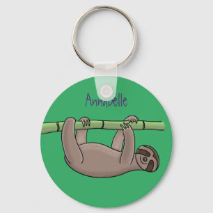 Cute smiling sloth on bamboo cartoon illustration key ring
