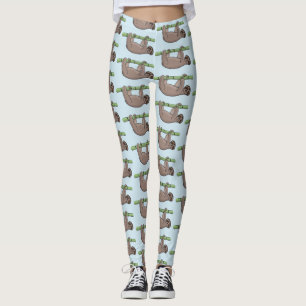 Cute smiling sloth on bamboo cartoon illustration leggings