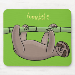 Cute smiling sloth on bamboo cartoon illustration mouse pad