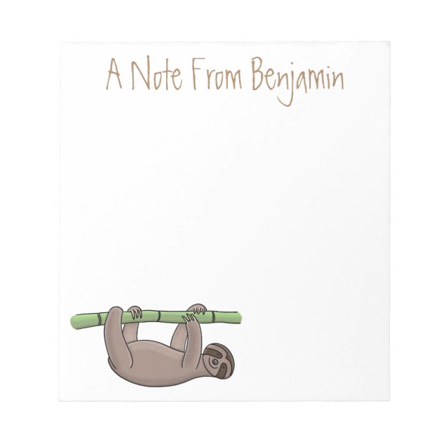 Cute smiling sloth on bamboo cartoon illustration notepad (Front)