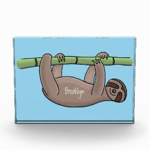 Cute smiling sloth on bamboo cartoon illustration photo block