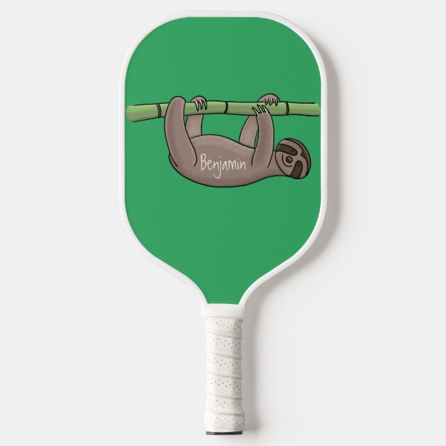 Cute smiling sloth on bamboo cartoon illustration pickleball paddle (Front)