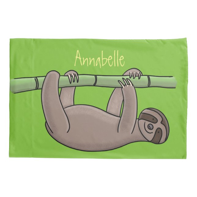 Cute smiling sloth on bamboo cartoon illustration pillowcase (Back)