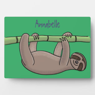 Cute smiling sloth on bamboo cartoon illustration plaque