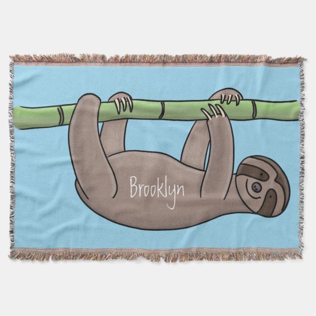 Cute smiling sloth on bamboo cartoon illustration throw blanket (Front)
