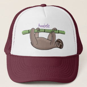 Cute smiling sloth on bamboo cartoon illustration trucker hat