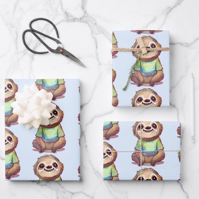 Cute Smiling Sloth Wearing a Shirt Wrapping Paper Sheet (Front)