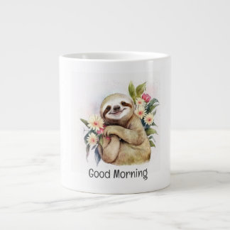 Cute Smiling Sloth with Flowers- Good Morning Large Coffee Mug