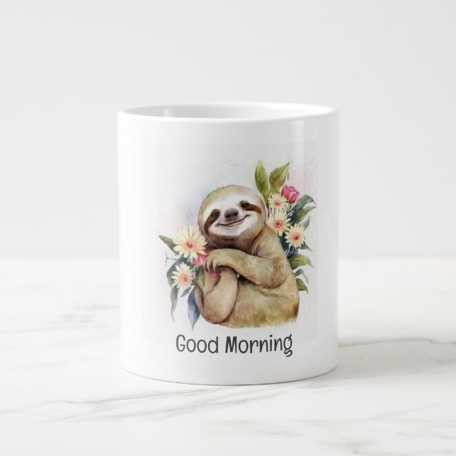 Cute Smiling Sloth with Flowers- Good Morning Large Coffee Mug (Front)