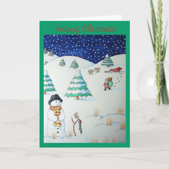 cute smiling snowman snow scene for christmas holiday card (Front)