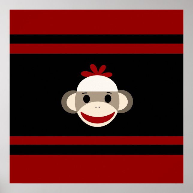 Cute Smiling Sock Monkey Face on Red Black Poster (Front)