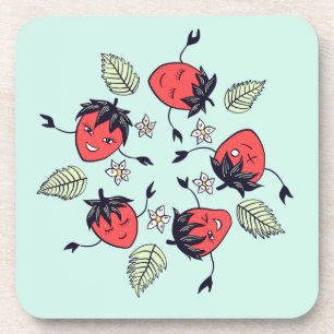 Cute Smiling Strawberry Characters Fun Cartoon Coaster