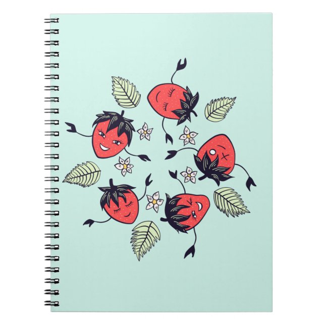 Cute Smiling Strawberry Characters Fun Cartoon Notebook (Front)