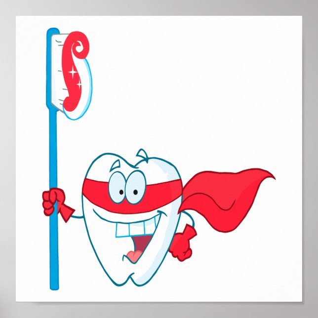 Cute Smiling Superhero Tooth With Toothbrush Poster (Front)