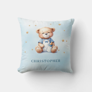 Cute smiling teddy bear with baby bottle cushion