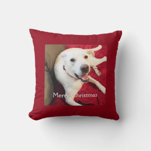 Cute Smiling White Puppy Dog Christmas Red Cushion