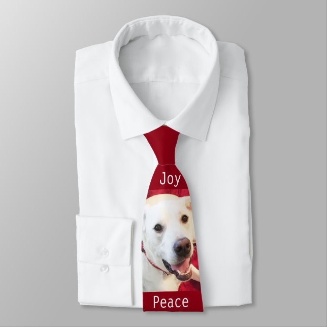 Cute Smiling White Puppy Dog Joy Christmas Red Tie (Tied)