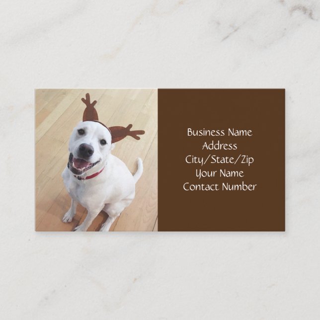Cute Smiling White Reindeer Dog Brown Christmas Business Card (Front)