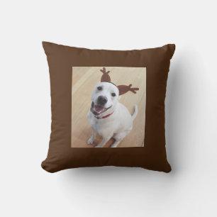 Cute Smiling White Reindeer Dog Brown Christmas Cushion