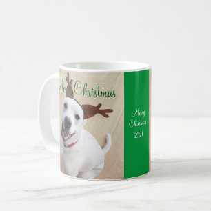 Cute Smiling White Reindeer Dog Christmas Green Coffee Mug
