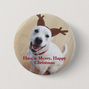 Cute Smiling White Reindeer Puppy Dog Christmas 6 Cm Round Badge