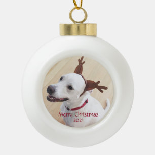 Cute Smiling White Reindeer Puppy Dog christmas Ceramic Ball Christmas Ornament