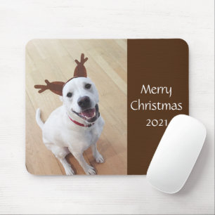 Cute Smiling White Reindeer Puppy Dog Christmas Mouse Pad