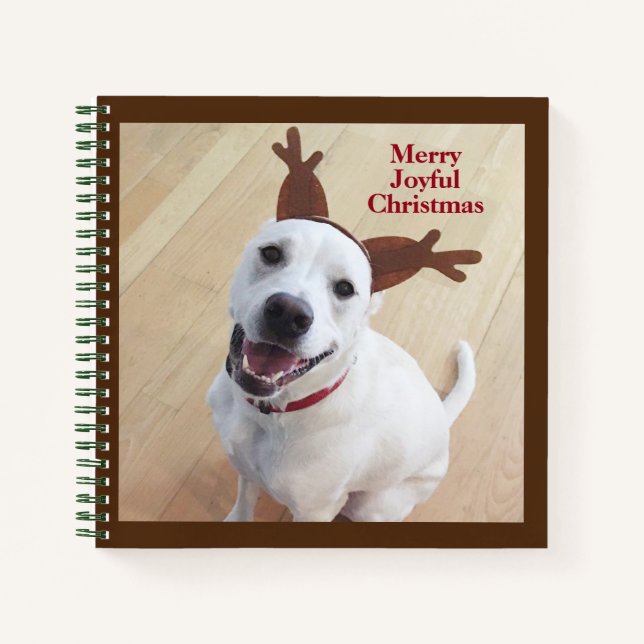 Cute Smiling White Reindeer Puppy Dog Christmas Notebook (Front)