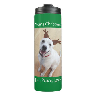 Cute Smiling White Reindeer Puppy Dog Christmas Thermal Tumbler