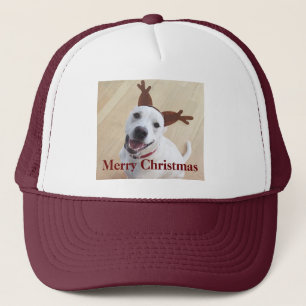 Cute Smiling White Reindeer Puppy Dog Christmas Trucker Hat