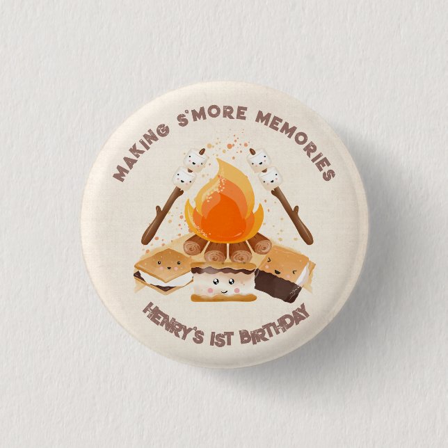 Cute S'more Bonfire 1st Birthday Button (Front)