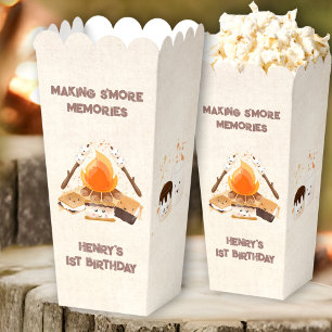 Cute S'more Campfire 1st Birthday Camping Popcorn Favour Box