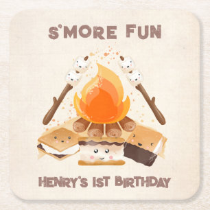Cute S'more Campfire 1st Birthday Paper Coaster