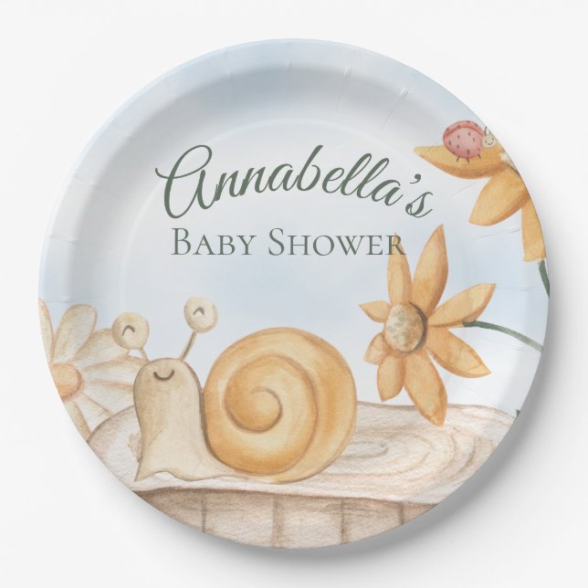Cute Snail and Ladybug Garden Theme Baby Shower Paper Plate (Front)