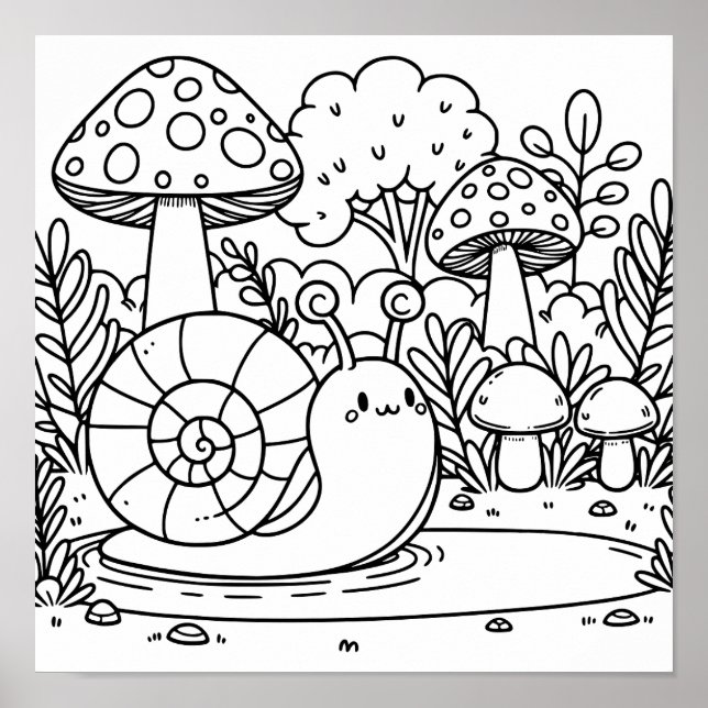 Cute Snail and Mushrooms | Colour Me  Poster (Front)