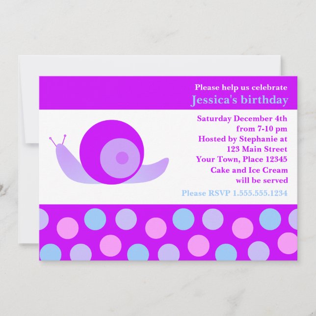 Cute Snail and Polka Dot Birthday Party - Purple Invitation (Front)