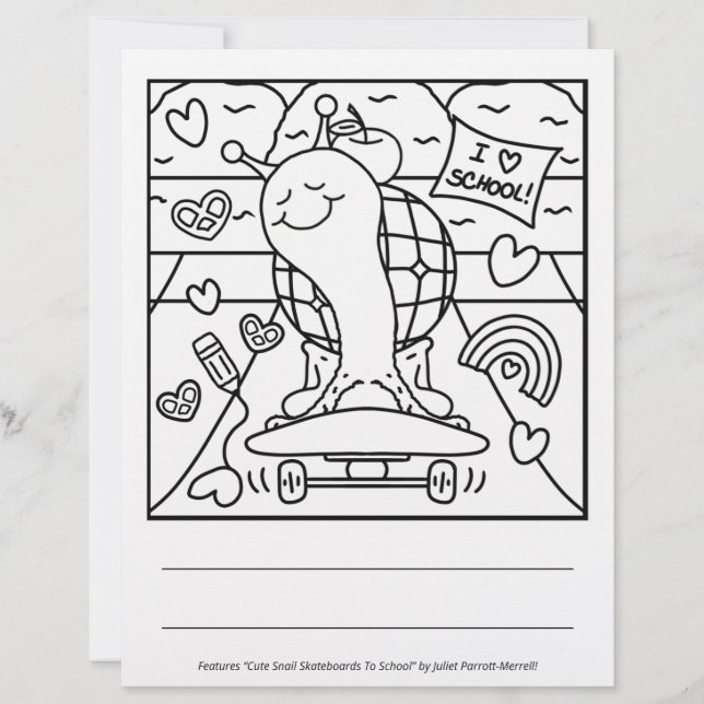 Cute Snail Back To School Skateboard Colouring Pag (Front)