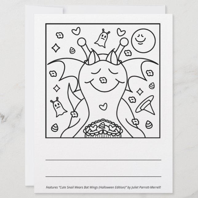 Cute Snail Bat Happy Halloween Colouring Page (Front)