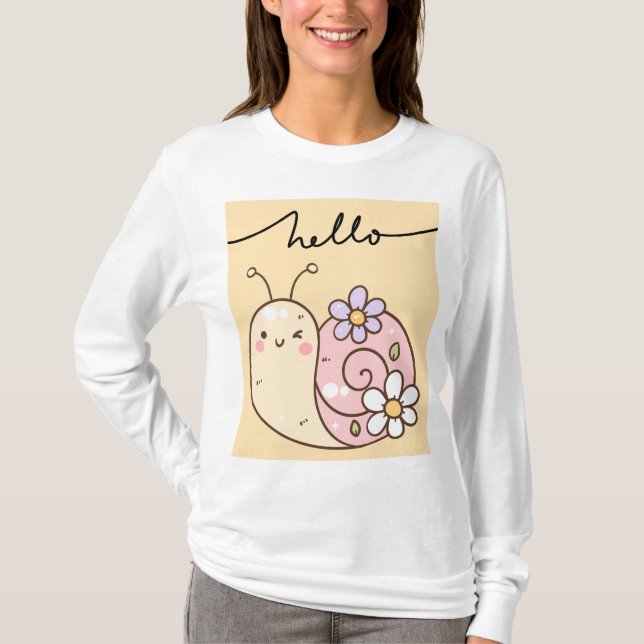Cute Snail "Hello" Long-Sleeve Women's T-Shirt (Front)