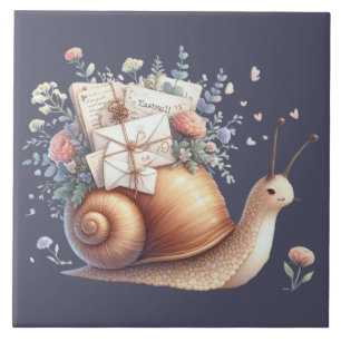 Cute Snail Mail Floral Pastel Illustration Ceramic Tile