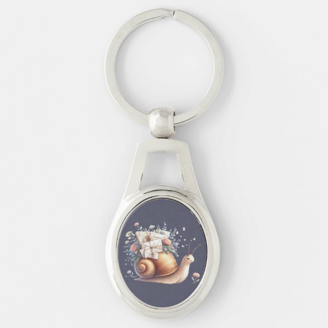 Cute Snail Mail Floral Pastel Illustration Key Ring (Front)