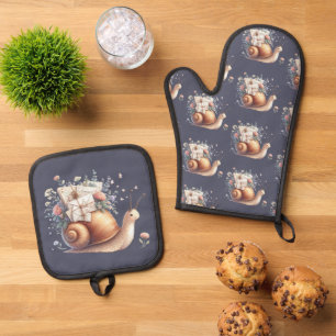 Cute Snail Mail Floral Pastel Illustration Oven Mitt & Pot Holder Set