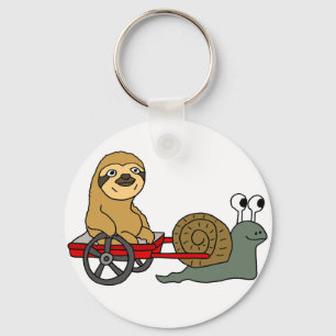 Cute Snail Pulling Sloth in Red Wagon Key Ring